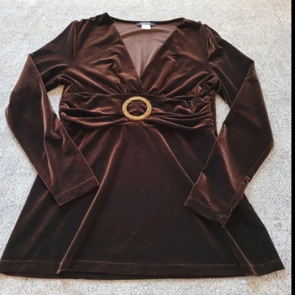 Vtg Boston Proper Women Blouse Medium Brown Velvet Empire Waist Stretch 16010 - Picture 1 of 4